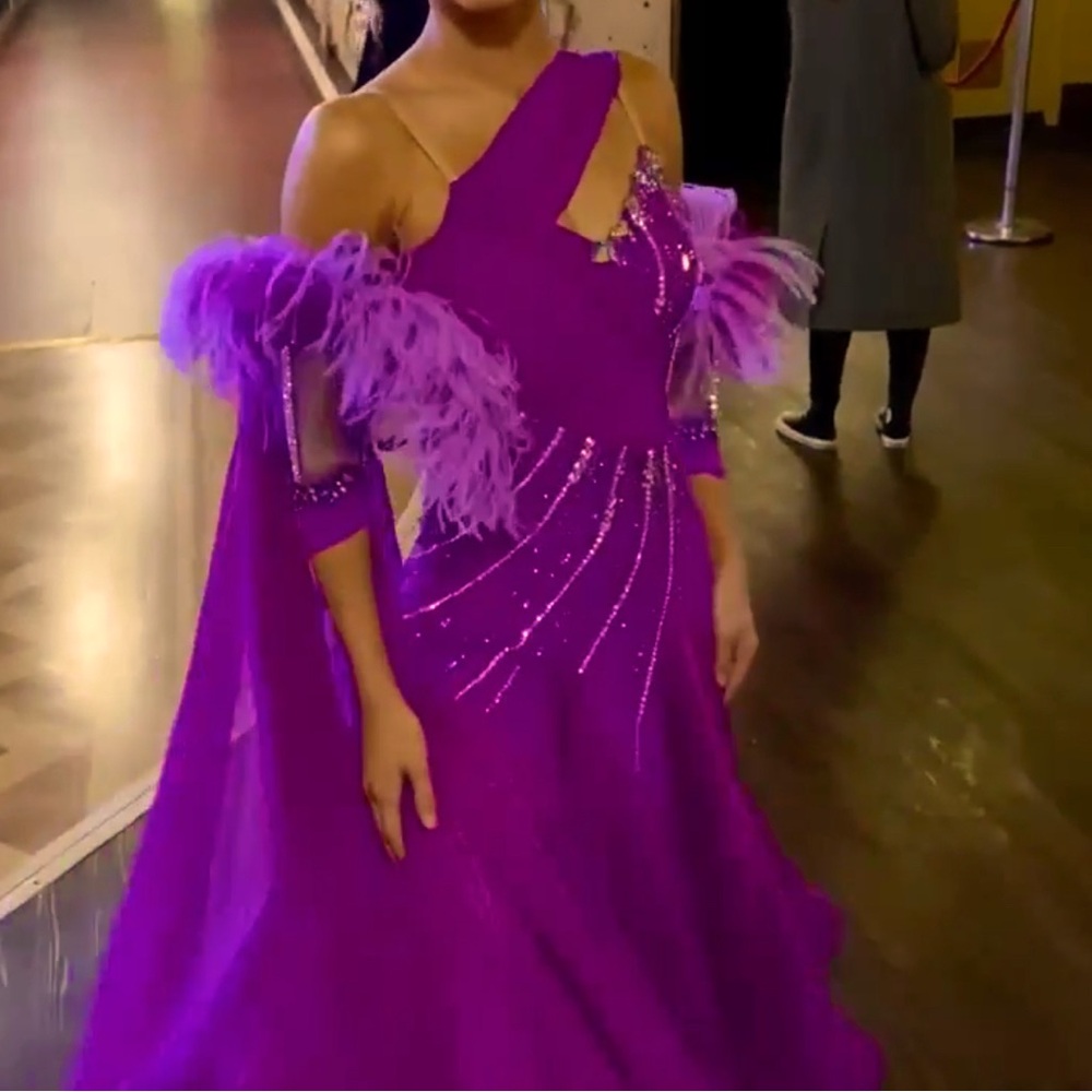 Purple Asymmetrical One Shoulder Ballroom standard competition dress